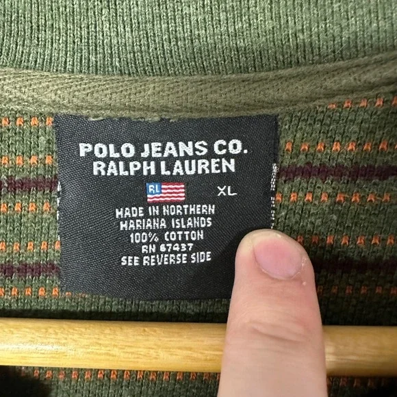 Polo Jeans Co Ralph Lauren Mens XL Vintage Quarter Zip Striped Pullover Green - Picture 3 of 4